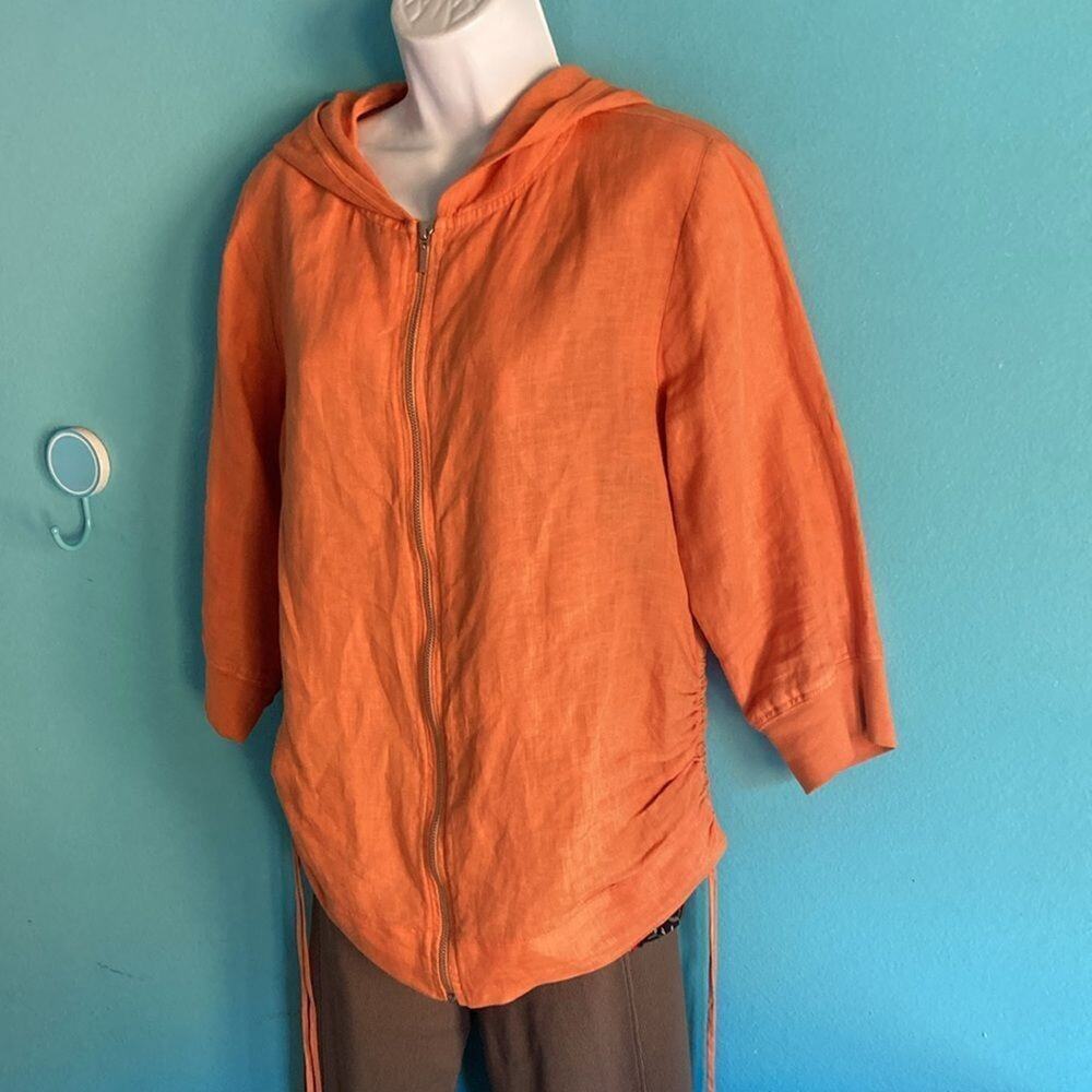 Russ Berens Size S Orange 100% Linen Zip Front Summer Jacket Hoodie